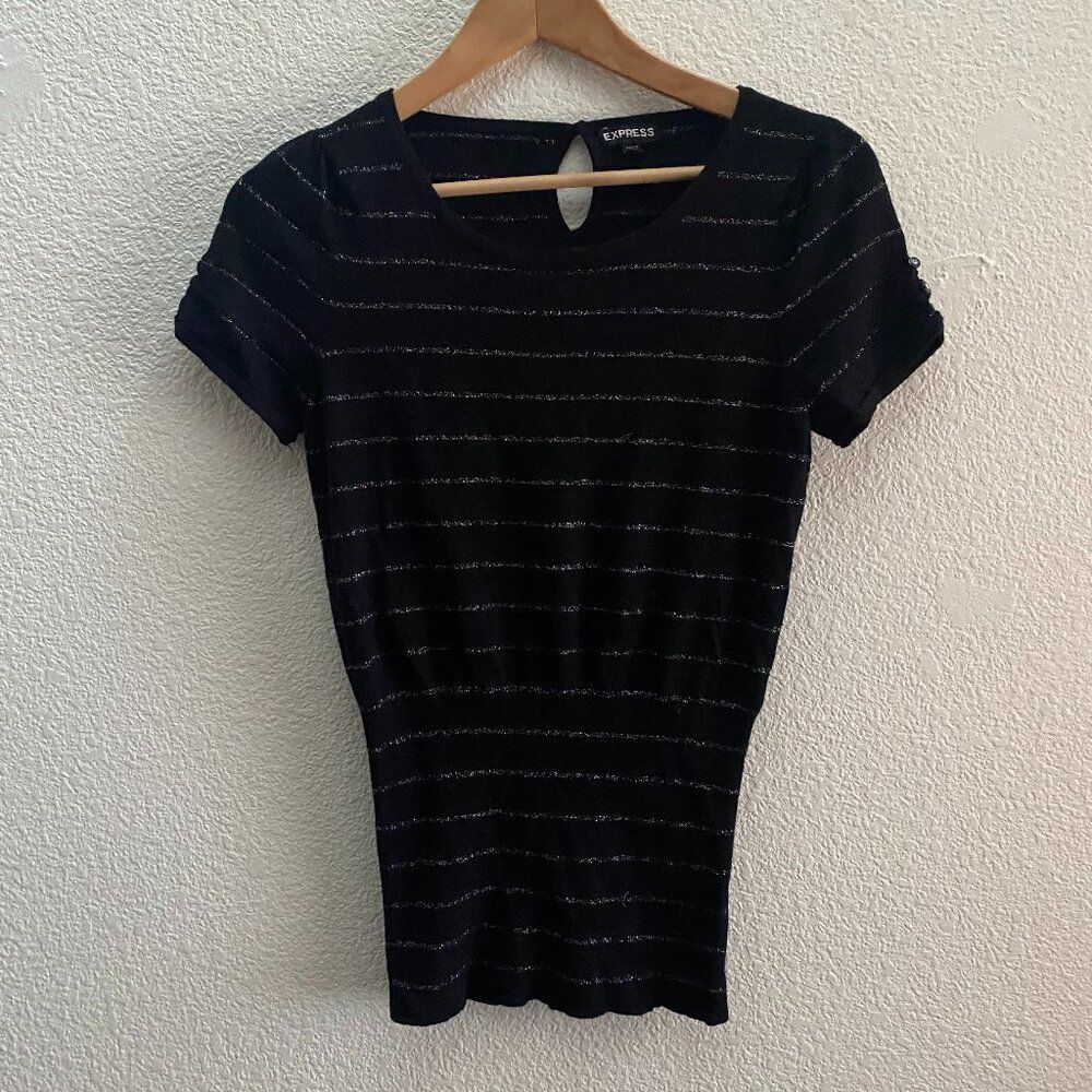 Express Striped Keyhole Back Button Accent Metallic Stripe Blouse Top Small